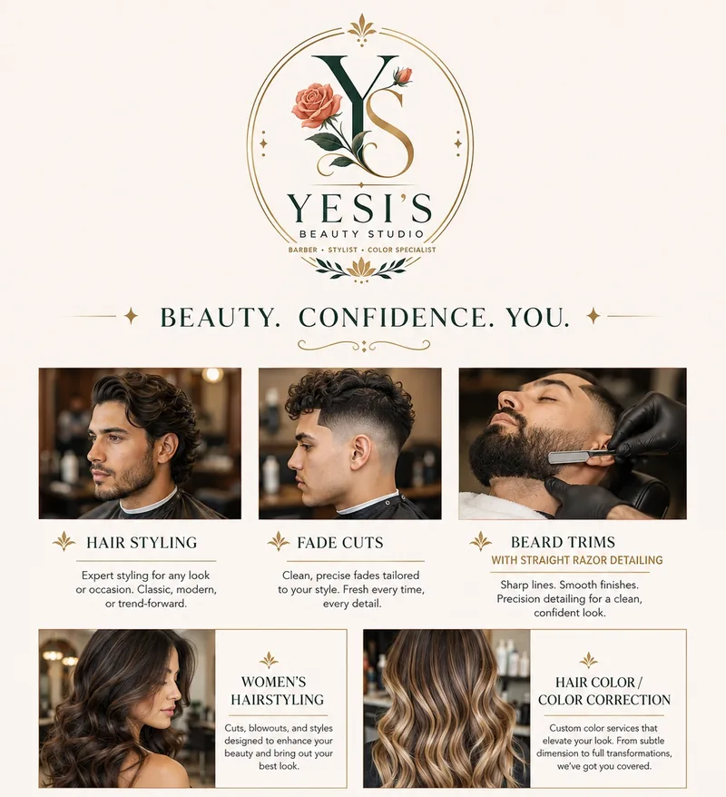Illustrated Yesi Beauty Studio service board with fade cuts, women’s hairstyling, beard grooming and hair coloring