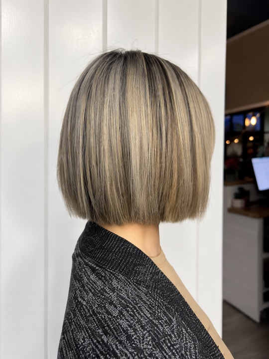 Straight blonde bob with darker roots, viewed from the side — AI-retouched image