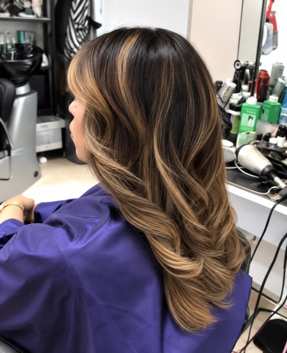 Long brunette layers with warm caramel highlights — AI-retouched image