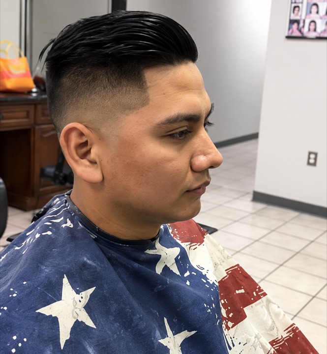 Swept-back dark haircut with faded sides — AI-retouched image
