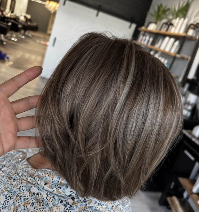 Rounded brunette bob with cool highlights, viewed from behind — AI-retouched image