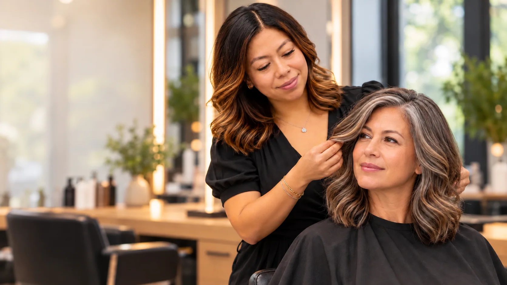 Illustrative luxury salon styling scene with stylist and client